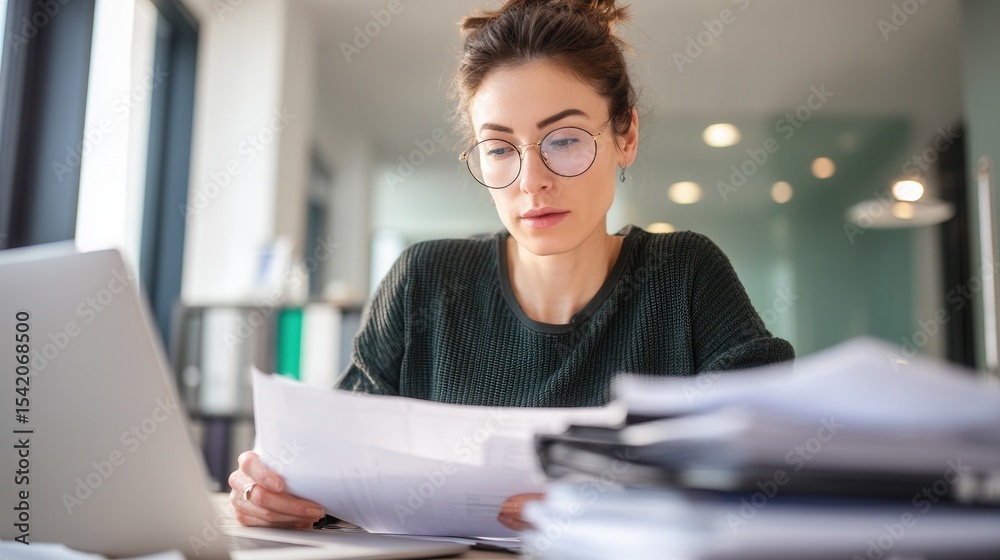 Fototapeta premium Professional caucasian young female analyzing documents in modern office setting.