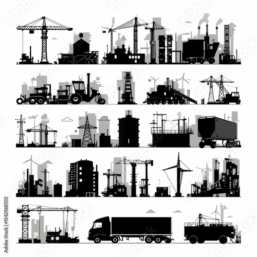 Black silhouettes of factories machinery and construction elements in rows on a white background