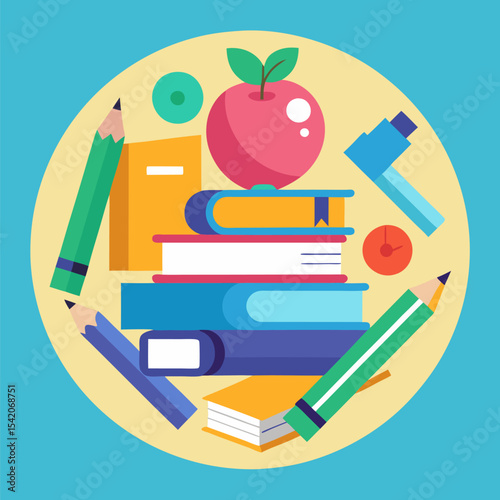 Stack of Textbooks Surrounded by Colorful School Supplies, Highlighting Education, Academic Study, and Back-to-School Preparations.