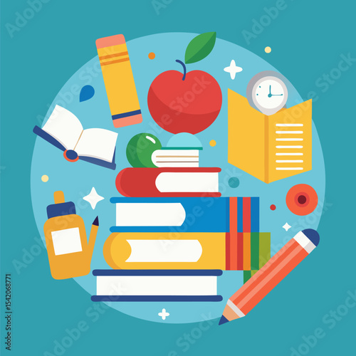 Stack of Textbooks Surrounded by Colorful School Supplies, Highlighting Education, Academic Study, and Back-to-School Preparations.