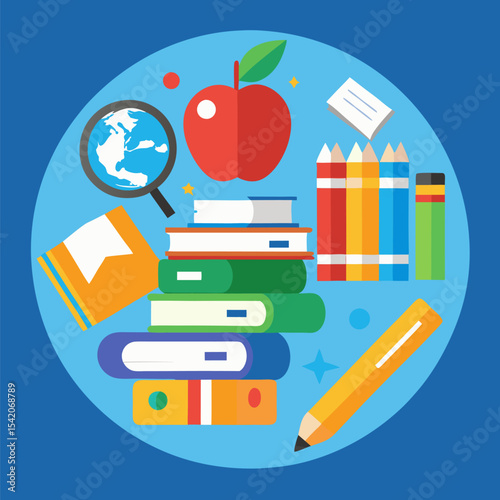 Stack of Textbooks Surrounded by Colorful School Supplies, Highlighting Education, Academic Study, and Back-to-School Preparations.