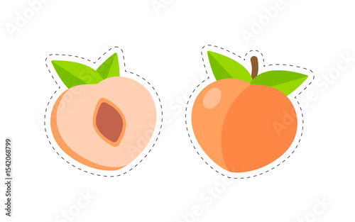 Set of peaches stickers with contour isolated on white background.