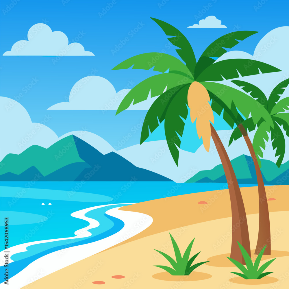 Obraz premium Tropical beach vacation illustration with palm trees and ocean view