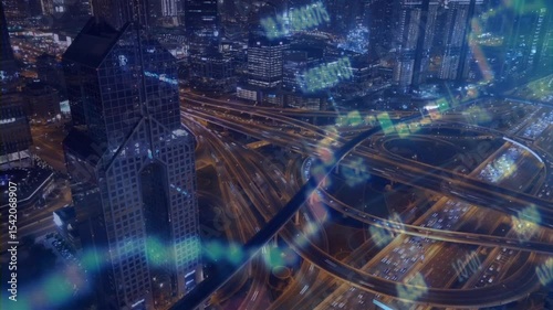 image of data processing over cityscape. global business, digital interface, connections and digital interface concept digitally generated image.