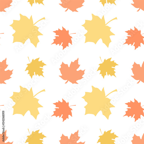 Seamless pattern of yellow and orange autumn maple leaves isolated on white background for Halloween or Thanksgiving day.