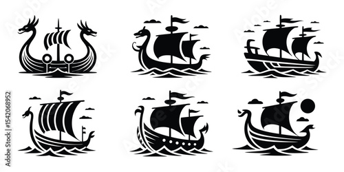 Viking Ship Sailing on Sea Waves, Historical longship illustration for travel and adventure concepts On White Background