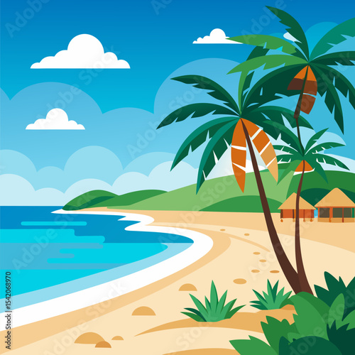 Tropical beach vacation illustration with palm trees and ocean view