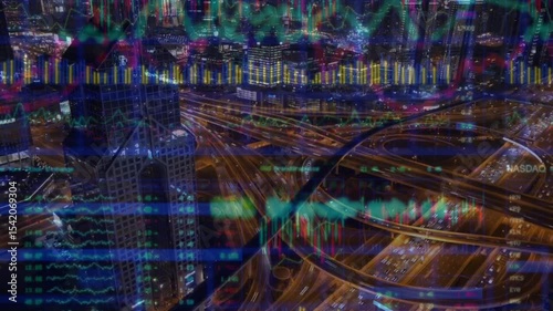 image of data processing over cityscape. global business, digital interface, connections and digital interface concept digitally generated image.