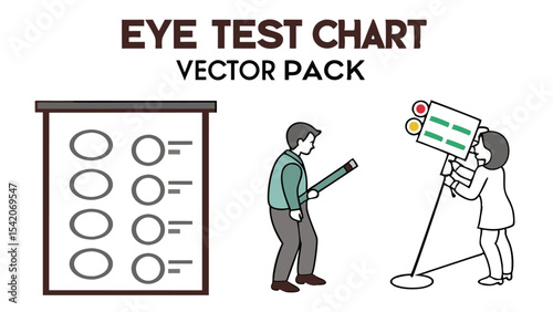 Illustration showing eye test chart with shapes, man holding pointer, and woman using eye testing equipment