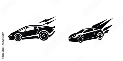Futuristic Sports Car Angled View Blasting Off Fla Silhouette on White Background