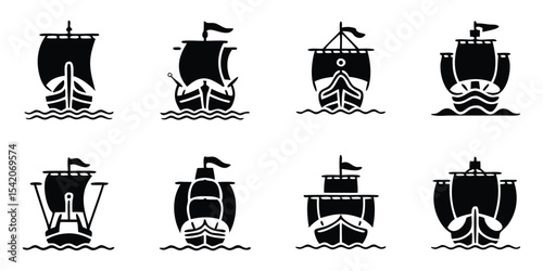 Set of Viking Ship Icons, Monochrome Historical Drakkar Vector Collection Isolated on a White Background.
