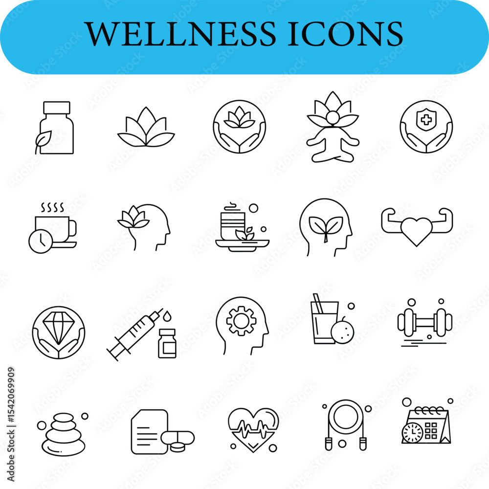A collection of wellness-themed icons in a minimalist style. The icons are outlined in black against a white background. A collection of wellness-themed icons in a minimalist style. The icons are outlined in black against a white background.