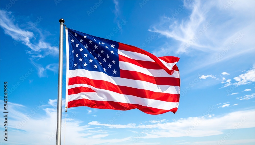Fototapeta premium American flag waving proudly in the wind against a bright blue sky with scattered clouds.