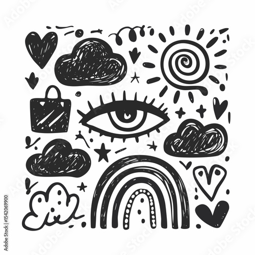 Hand-Drawn Doodle Set Hearts, Clouds, Sun, Eye, Rainbow, Stars