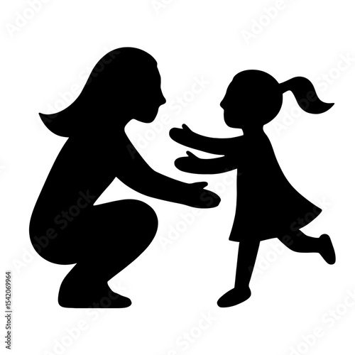 very simple flat and single minimalist Mother  Daughter Reunited Silhouettes in black on a white background