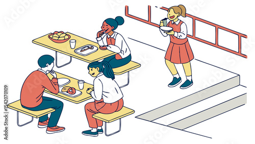 Students enjoying lunch at school cafeteria with tables benches and a girl carrying food on stairs