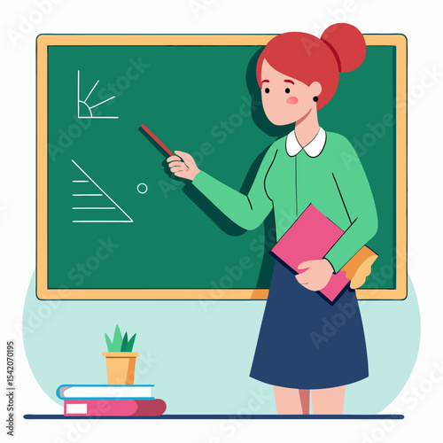 Vector of a teacher writing on a blackboard in a classroom
