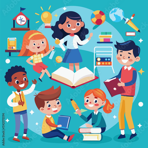 Vector of children engaged in fun learning activities
