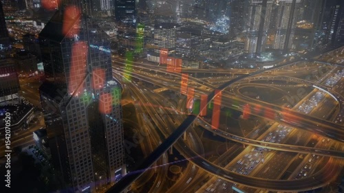 image of data processing over cityscape. global business, digital interface, connections and digital interface concept digitally generated image.