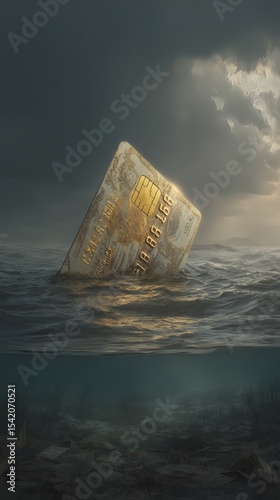 credit card sinking into quicksand of overdue bills surreal imagery of financial mismanagement side copy space