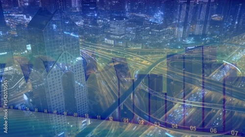 image of data processing over cityscape. global business, digital interface, connections and digital interface concept digitally generated image.