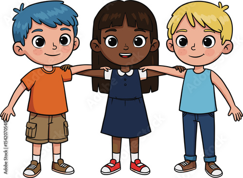 Happy diverse children standing together, smiling kids embracing friendship, multi-ethnic friends united, cheerful childhood bond illustration