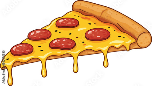 A delicious slice of pepperoni pizza with golden, melted cheese, this vector illustration is a classic icon for fast food and restaurants.