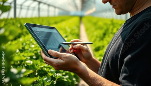 a person using a tablet in a greenhouse