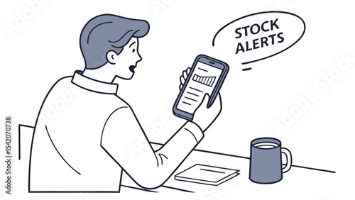 Man looking at stock alerts on his phone with surprised expression while sitting at a desk with coffee