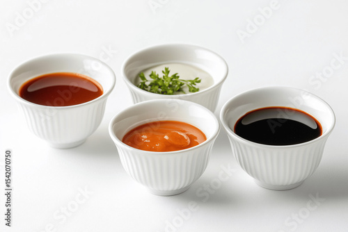 Assorted sauces in white ceramic bowls including mustard, burger sauce, tartar, and ketchup on clean white background