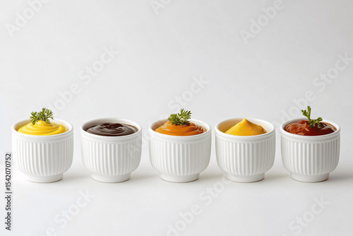 Assorted sauces in white ceramic bowls including mustard, burger sauce, tartar, and ketchup on clean white background