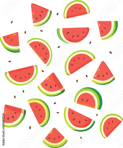 Watermelon slice fruit summer juicy red green fresh seed sweet healthy scattered pattern tropical snack vibrant cartoon illustration background