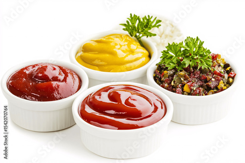 Assorted sauces in white ceramic bowls including mustard, burger sauce, tartar, and ketchup on clean white background