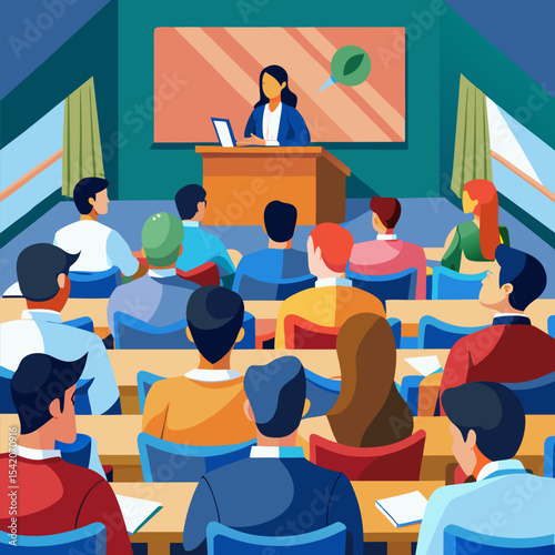 Vector of students sitting in a college lecture hall
