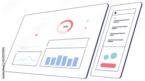 Illustration of a tablet displaying a dashboard with charts and a smartphone showing a list interface