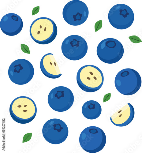 Blueberry fruit fresh juicy organic healthy sweet cartoon slice leaf scattered pattern blue round vegetarian vegan summer snack dessert natural