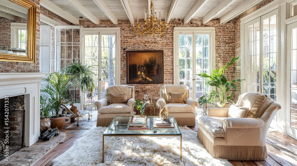 Fototapeta premium New Orleans-style sunroom with brick walls, white ceiling beams, vintage gold chandelier, fur rug, cream armchairs, wood-burning fireplace, and natural light