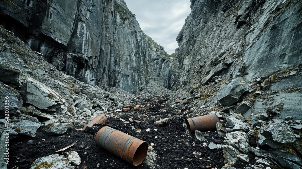 Obraz premium Abandoned Quarry with Rocky Terrain and Rusted Pipes in Landscape