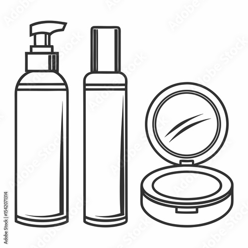 Versatile vector illustration of beauty and skincare products including lotion, spray, and compact mirror, perfect for cosmetic branding and marketing