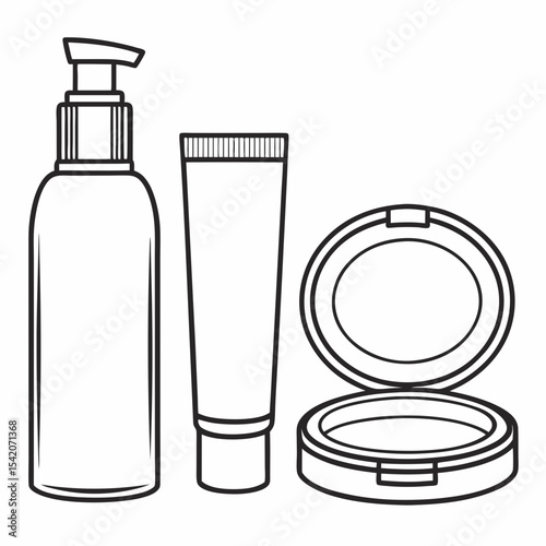 Simplistic vector illustration of skincare and makeup products including a lotion bottle, cream tube, and compact, ideal for beauty branding and product catalogs