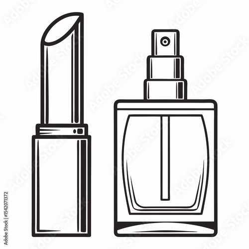 Elegant vector illustration of lipstick and perfume bottle, perfect for beauty branding and cosmetics marketing materials