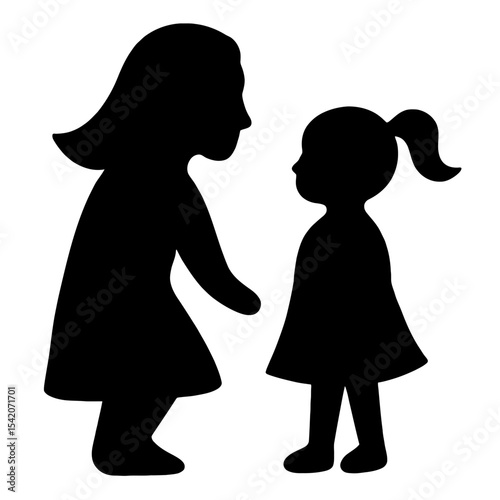 very simple flat and single minimalist Mother  Daughter Silhouettes in black on a white background