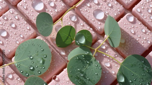Close-up of fresh greenery on pink desserts with dewdrops, showcasing a refreshing and vibrant culinary scene.