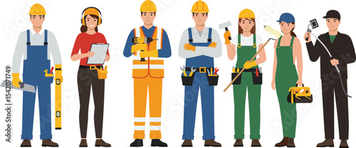 Construction workers and handymen team, diverse skilled professionals, various tradesmen with tools, building industry career illustration