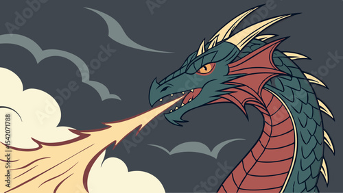 Vibrant vector illustration of a fierce dragon breathing fire, ideal for fantasy art, gaming graphics, and merchandise