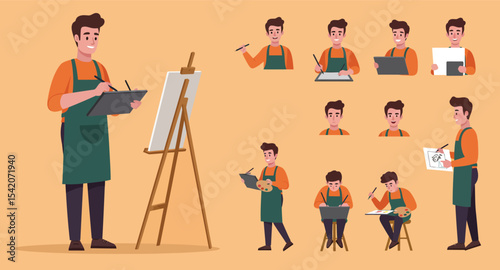 Male Artist Character Set with Painting Tools 1