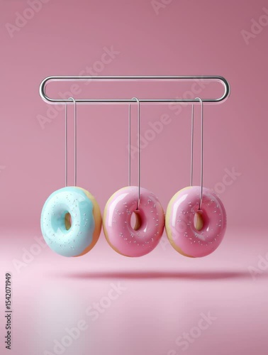 Colorful donuts hanging on a string against a soft pink background, perfect for sweet treat visuals.