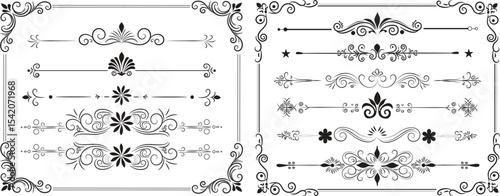 Vintage Decorative Divider and Border Ornament Set Hand Drawn Floral and Swirl Elements on White Background Decorative line borders, elegant design elements 