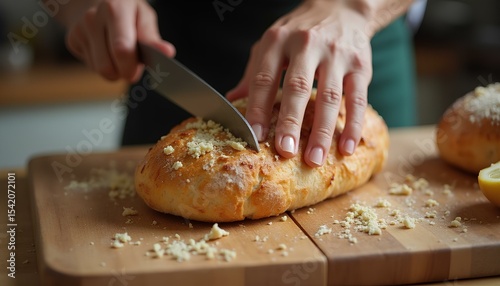 Hands slicing fresh loaf of bread on wooden cutting board in kitchen setting.
