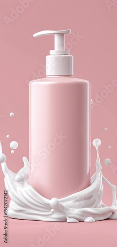 Stylish pink soap bottle with splashes of foam in a modern aesthetic. Perfect for beauty and hygiene presentations.